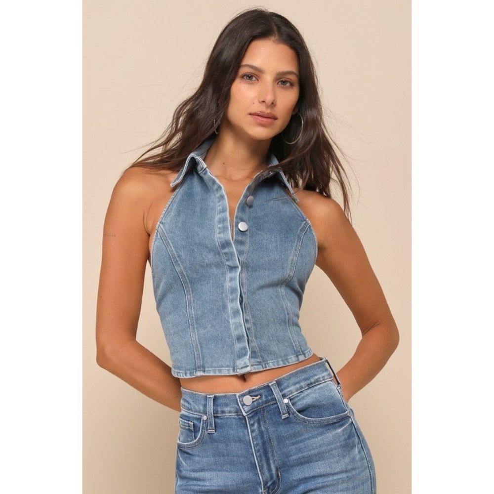 Lulus Sensational Trend Light Wash Denim Collared Backless Crop Top Blue